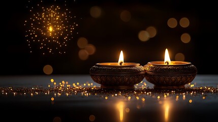 Two lit ornate brass oil lamps with golden glitter and bokeh lights diwali deepavali