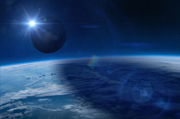Solar Eclipse. Natural phenomenon when Moon passes between planet Earth and Sun. Earth, Moon and...