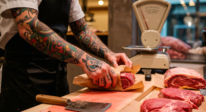 Tattooed Butcher Wrapping Fresh Meat for a Customer