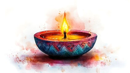 Watercolor illustration of a lit diya oil lamp with colorful patterns candle flame
