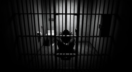 Solitary confinement: A lone figure sits slumped in a stark, dimly lit prison cell, behind imposing metal bars.
