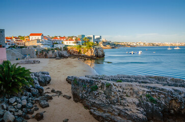 Beautiful coast of old  town Cascais, Portugal, at sunset in summer day