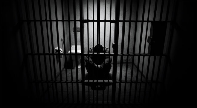 Solitary confinement: A lone figure sits slumped in a stark, dimly lit prison cell, behind imposing metal bars.
