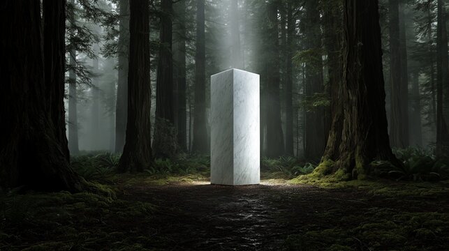 Polished White Marble Monolith in Misty Redwood Forest with Sunlight Beam