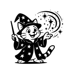 Young wizard cat casting a spell with stars swirling