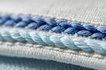 Close-up of delicate blue stitching on white fabric