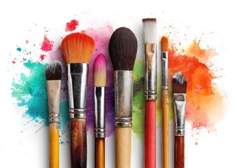 Obraz premium Assorted paintbrushes on a white background with colorful splashes