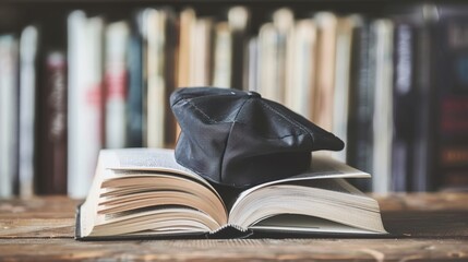 Graduation Cap and Book Compositions for Academic Achievement Graphics, Diploma Program Promotions, and Educational Success Concepts