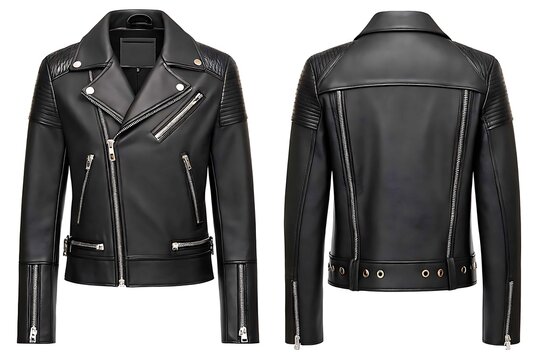 Black leather biker jacket front and back view isolated on white background