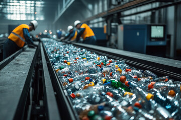 Empty plastic bottles on a conveyor belt in a recycling facility. Waste recycling concept