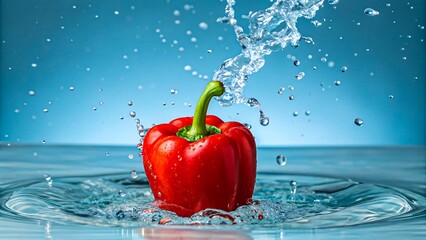 Fresh red bell pepper splashing in water with blue background and droplets

