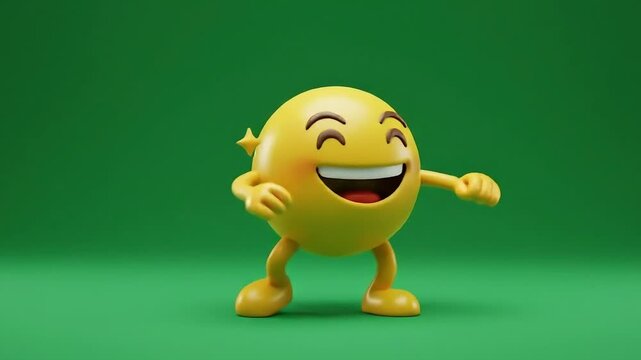 Smiling Emoji Character with Arms Raised on Green Background