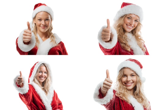 Woman with Santa hat showing thumbs up isolated on transparent background