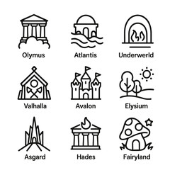 Fototapeta premium Mythical Realms Icons. Outline icon set of mythical realms: Olympus, Atlantis, Underworld, Valhalla, Avalon, Elysium, Asgard,