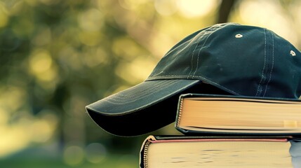 Graduation Cap and Book Compositions for Academic Achievement Graphics, Diploma Program Promotions, and Educational Success Concepts