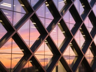 Geometric Frame Glass Curtain Wall, Dusk Architectural Exterior Scene