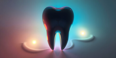 A colorful 3D design of a tooth illuminated with neon hues highlights the innovation in dental health. This artwork represents the importance of oral hygiene and care