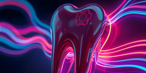 A colorful 3D design of a tooth illuminated with neon hues highlights the innovation in dental health. This artwork represents the importance of oral hygiene and care