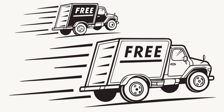 Vector art of retro style illustration of two delivery trucks with the word free on the side panels, conveying a sense of fast and complimentary shipping