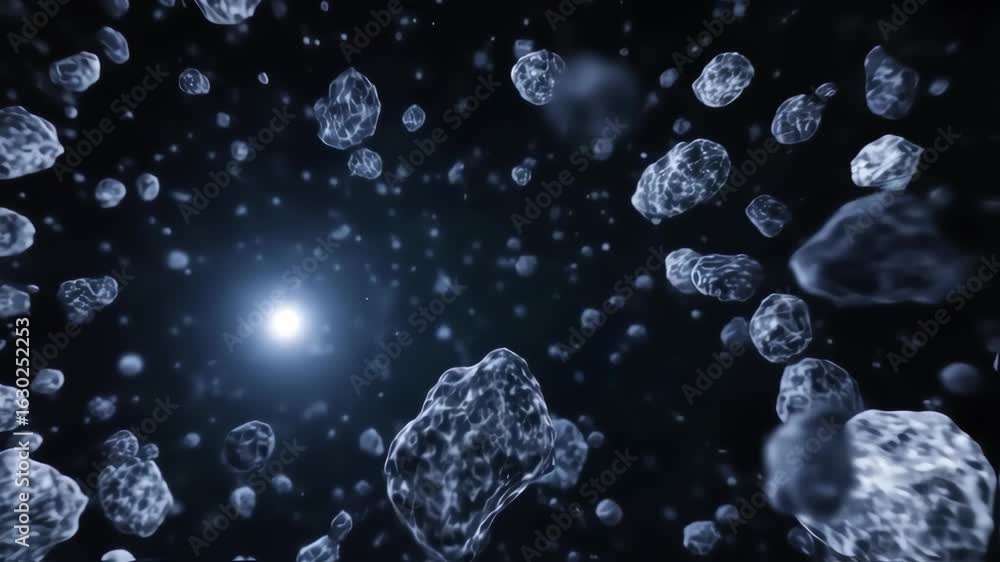 Poster mesmerizing 3d animation of asteroids tumbling through deep space with ethereal glow
