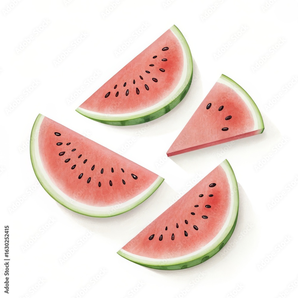 Poster four watermelon slices with seeds arranged on a white background in a visually appealing manner