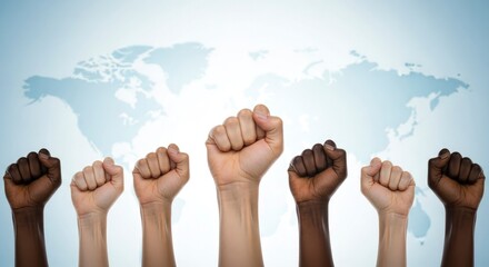Diverse fists raised against a world map backdrop symbolizing solidarity