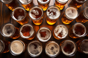 top view of many glasses of beer with copy space