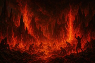 Fototapeta premium Fiery inferno with silhouetted figures.