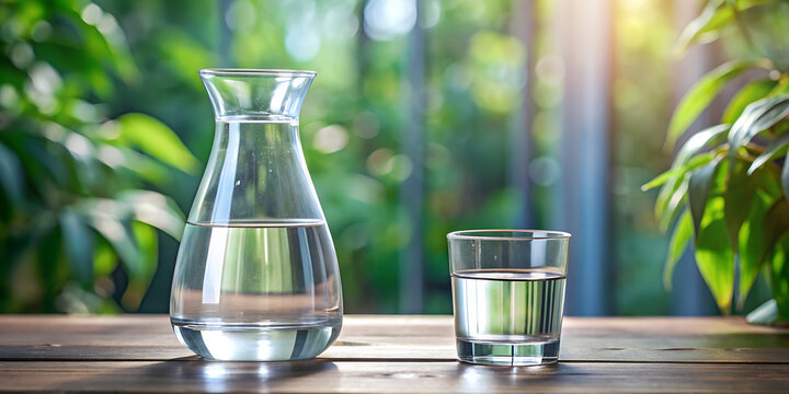 Refreshing water in a glass and carafe on a wooden table, creating a serene and healthy atmosphere with natural sunlight and green plants