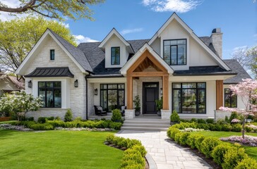 A white and gray stone modern farmhouse with a dark roof, a large front porch with brown wood accents at the end of the home