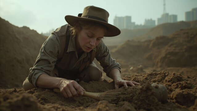 woman archaeologist in hat discover bones with brush