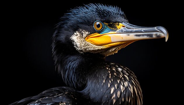A striking close-up portrait of a cormorant bird against a dark background