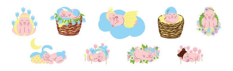 Cute Sleeping Newborn Baby Cuddle and Curled Vector Set