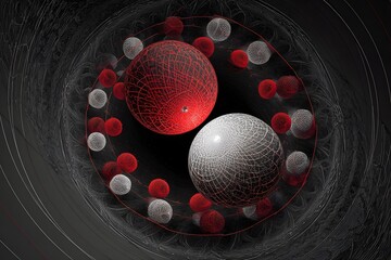 Red and white spheres orbiting, dark swirling background, abstract science concept, digital art