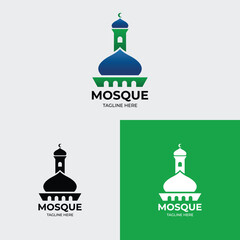 Minimalist mosque logo with tall minaret and dome in green, blue, and black. Ideal for Islamic branding and religious organizations.