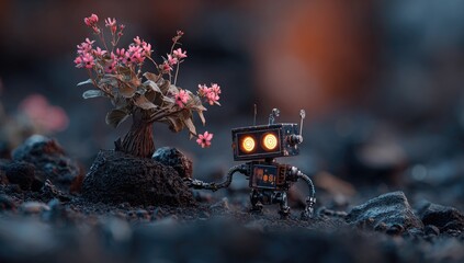 Small robot and tiny plant in a dark landscape