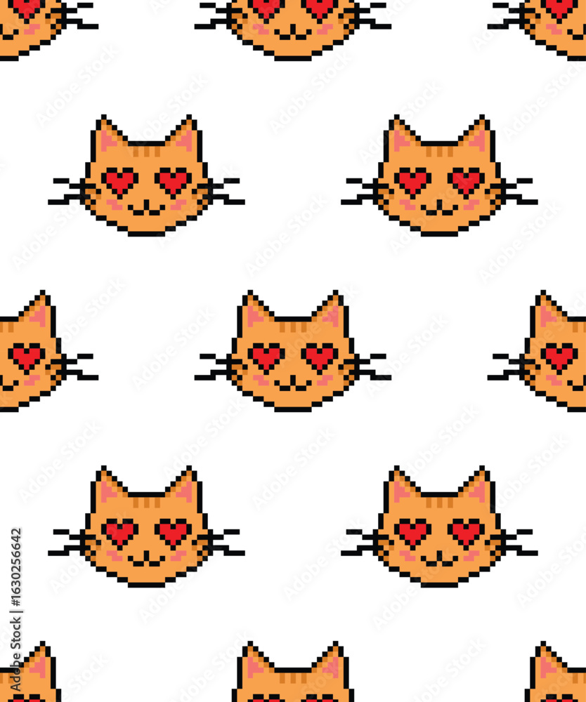 Poster pixel cat background seamless cat pixelized texture pattern vector 8-bit
