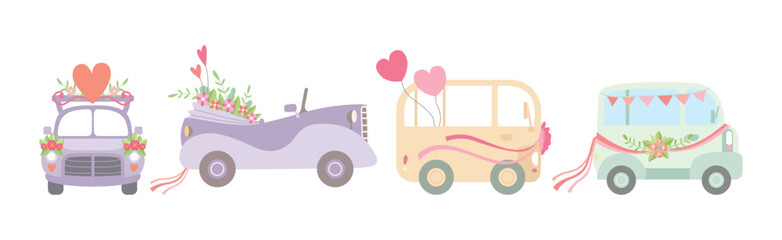 Wedding Car Transport with Flower Bouquet, Ribbon and Heart Vector Set