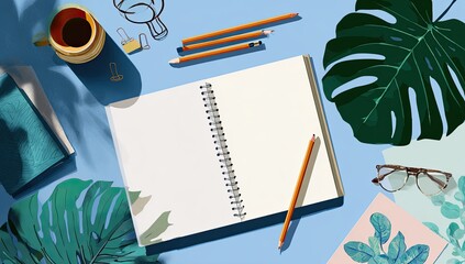 Flat lay of a notebook and supplies.  Tropical theme