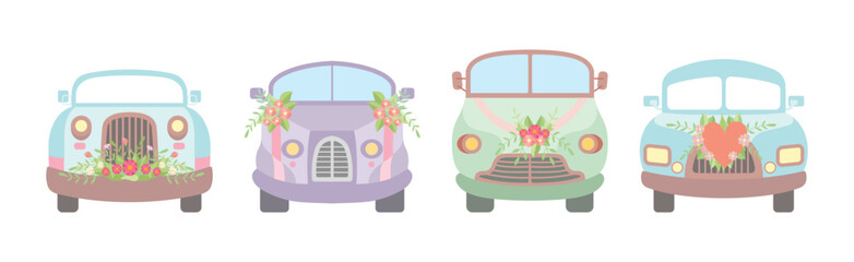 Wedding Car Transport with Flower Bouquet, Ribbon and Heart Vector Set