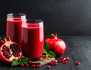Refreshing pomegranate juice in tall glasses with fresh whole and cut pomegranates on dark background, healthy natural drink, antioxidant rich beverage