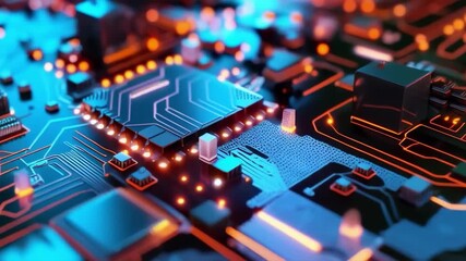 Electronic chip with bright lights. Ideal for articles and videos about modern technology and engineering, as well as in advertising of electronic devices.
