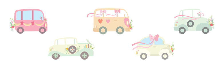 Wedding Car Transport with Flower Bouquet, Ribbon and Heart Vector Set