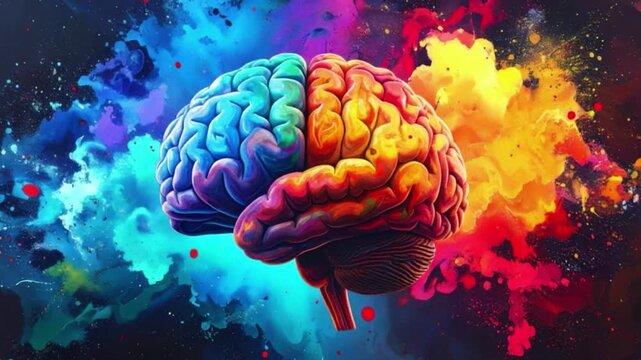 A vibrant explosion erupts from a multicolor human brain illustration, captured in a cinematic shot with dramatic lighting, symbolizing creativity, intelligence, and the power of imaginative thought