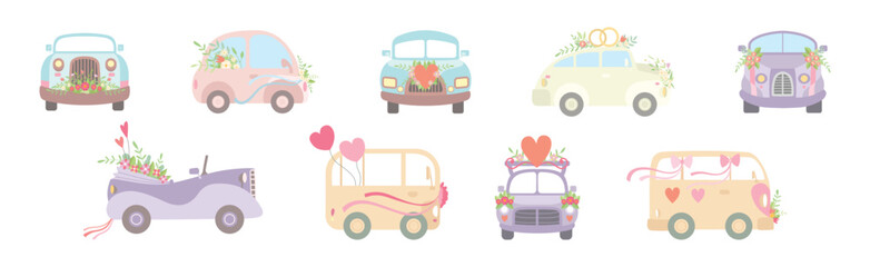 Wedding Car Transport with Flower Bouquet, Ribbon and Heart Vector Set