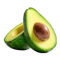 Freshly cut avocado halves with seed isolated on transparent background