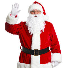 Classic Santa Claus Waving with One Hand, Front View, Isolated on Transparent Background