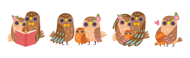 Happy Owl Family with Father, Mother and Baby Vector Set