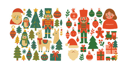 Collection of festive christmas characters and ornaments silhouette isolated on white background