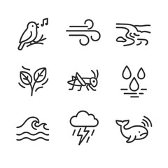 Nature Melody Icons. Outline icon set of melody in nature: birds singing, wind blowing, flowing river, rustling leaves, crickets